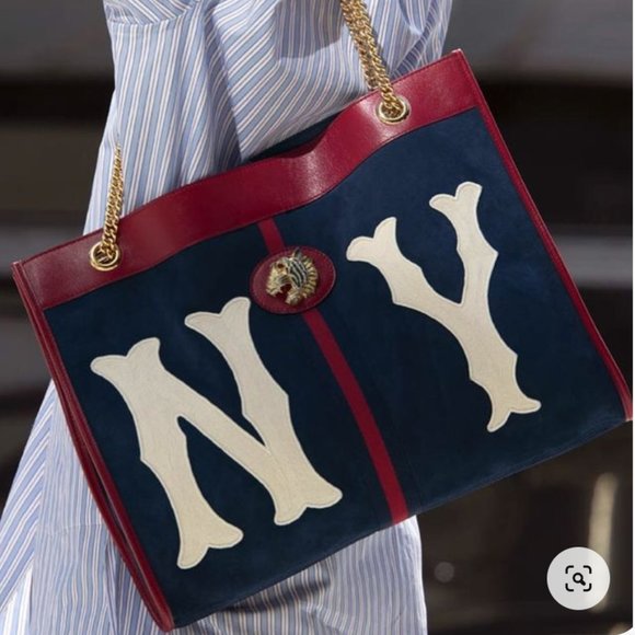 GUCCI Women's Blue Rajah Ny Yankees Large Suede & Leather Tote - Picture 1 of 15